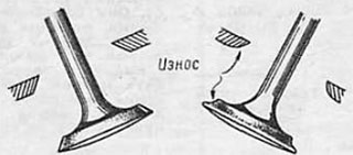 Конические фаски клапана и седла: слева — нормальные; справа - изношенные