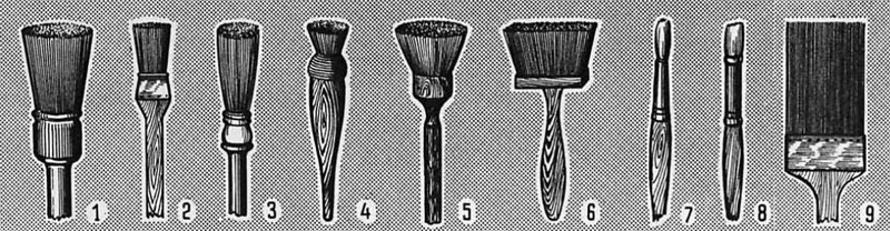 Рис. 2 . Кисти: 1 — маховая (для окраски больших поверхностей); 2 — плоский ручник; 3 — круглый ручник; 4 — трафаретная; 5 — круглый щетиновый флейц; 6 — плоский флейц (из барсучьего волоса для сглаживания неровностей на свежевыкрашенной поверхности); 7 и 8 — филенчатые, или цировочные (для нанесения тонкой полоски краски по окрашенной поверхности); 9 — кисть-расхлестка