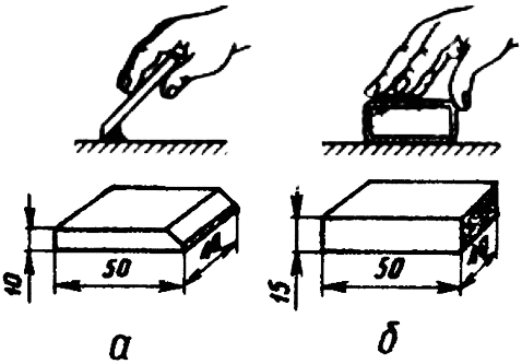 Рис. 1. Нанесение шпатлевки и шпатель (а), шлифование и резиновый брусок (б).