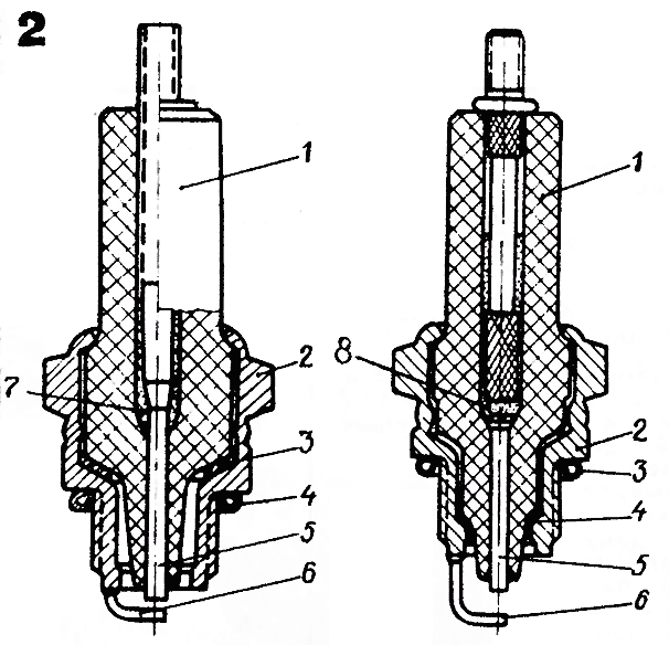 Рис. 2. Конструкция свечей: слева — «горячей», справа—«холодной»